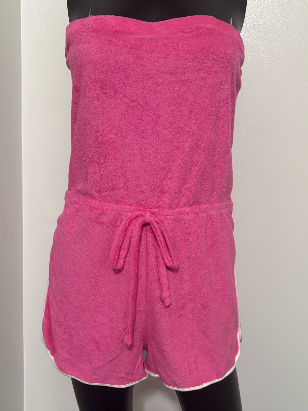 Strapless Terry Cloth Romper in Bright Pink